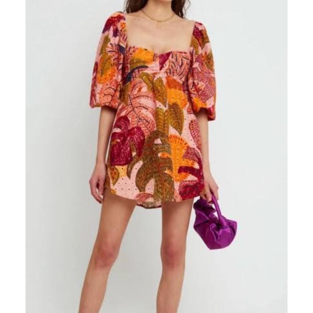 Kourt Robbie Eyelet Mini Dress Tropical Print Puff Half Sleeves Womens Size M